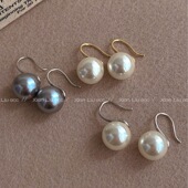 真多麻灰色珍珠耳环轻奢高级感复古气质耳钉耳饰女时尚 冷淡风耳钩