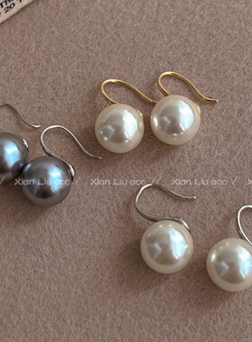 真多麻灰色珍珠耳环轻奢高级感复古气质耳钉耳饰女时尚冷淡风耳钩