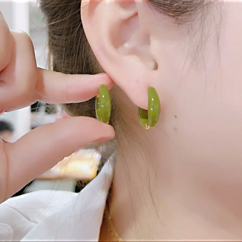 简约百搭绿色滴釉圆圈耳扣耳环小众设计高级感女洋气耳圈2024年新
