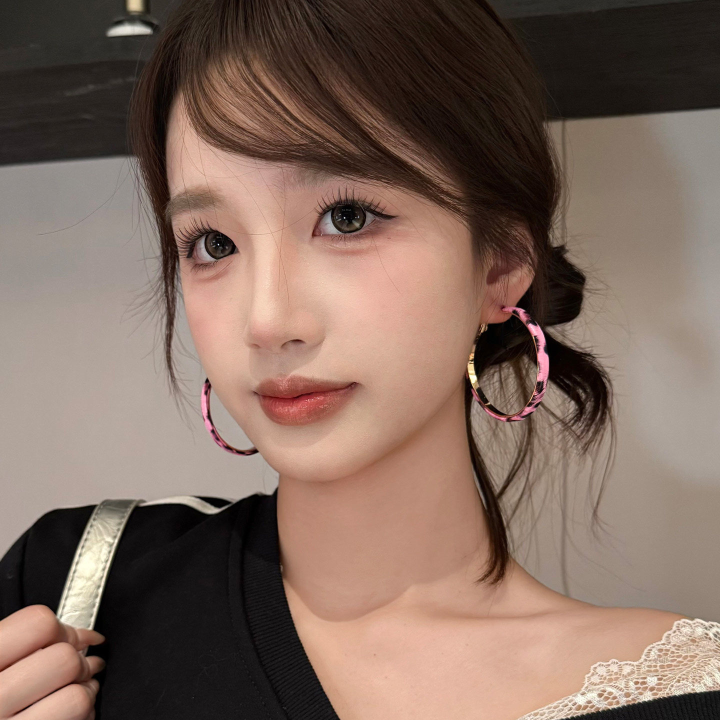 合金耳饰 粉色豹纹大圈圈耳环y2k辣妹高级感小众耳圈独特气质耳饰