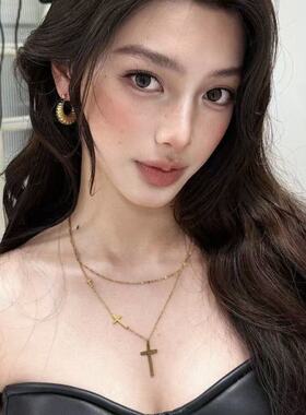 合金贝壳项链 甜酷风金色十字架叠戴项链小众设计感百搭双层项链