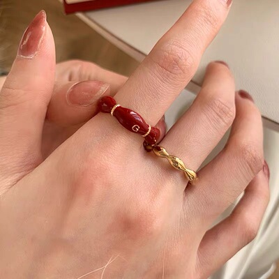 新年喜庆红色滴釉开口戒指女2024新款小众设计食指戒复古港风指环