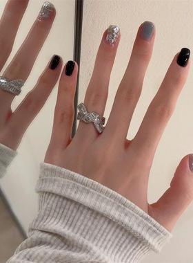 高级感超闪的排钻纽结戒指银色闪钻简约设计感开口酷女百搭指环