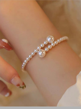 施家正圆珍珠手链女开口可调节手镯2024新款潮流轻奢小众网红爆款
