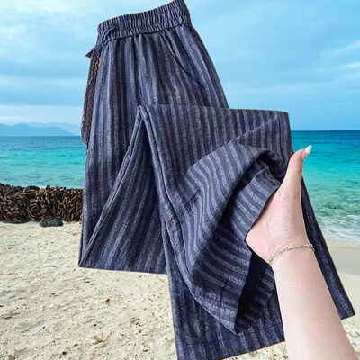 条纹棉麻亚麻女裤夏九分裤休闲宽松阔腿裤大码哈伦直筒文艺薄款裤