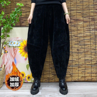 子灯芯绒加绒加厚洋气宽松时尚 秋冬季 新款 中年妈妈裤 女 休闲哈伦裤