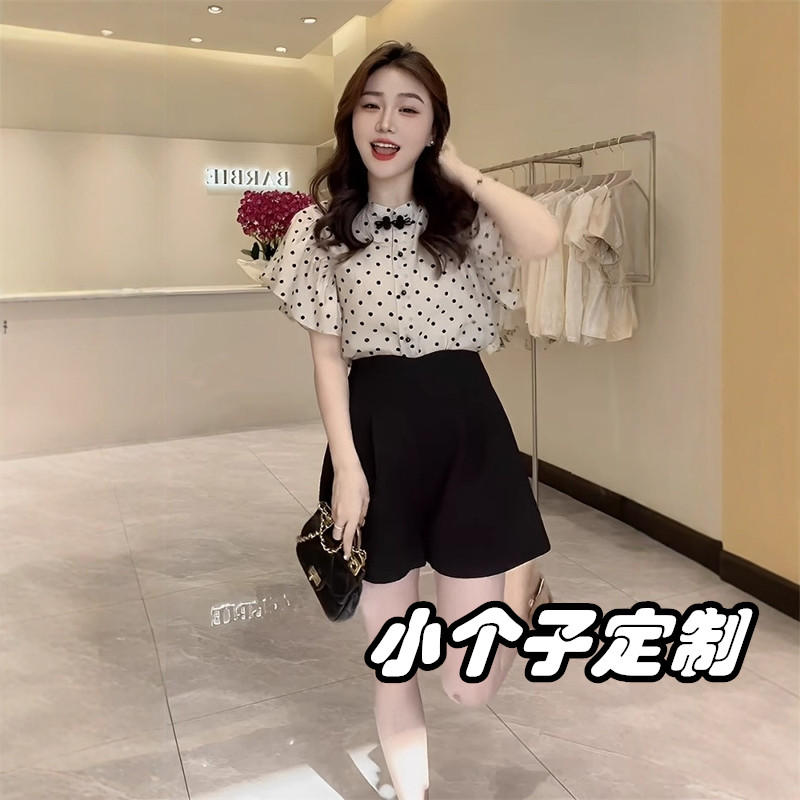 150矮小个子穿搭黑色短裤套装女2025夏季新款波点衬衫两件套XS145