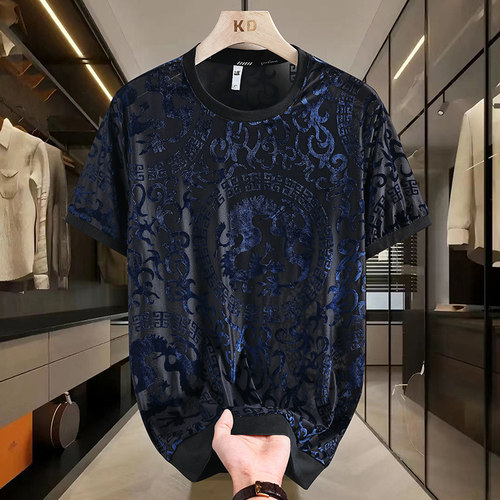 夏季男士短袖T恤中国民族风图腾镂空蕾丝体恤衫潮流帅气半袖上衣