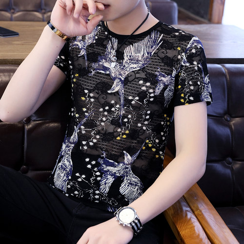 镂空潮男青少年蕾丝短袖t恤衫