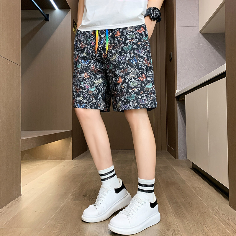 夏季男士休闲短裤青年蝴蝶印花裤衩青年速干直筒沙滩裤五分裤马裤
