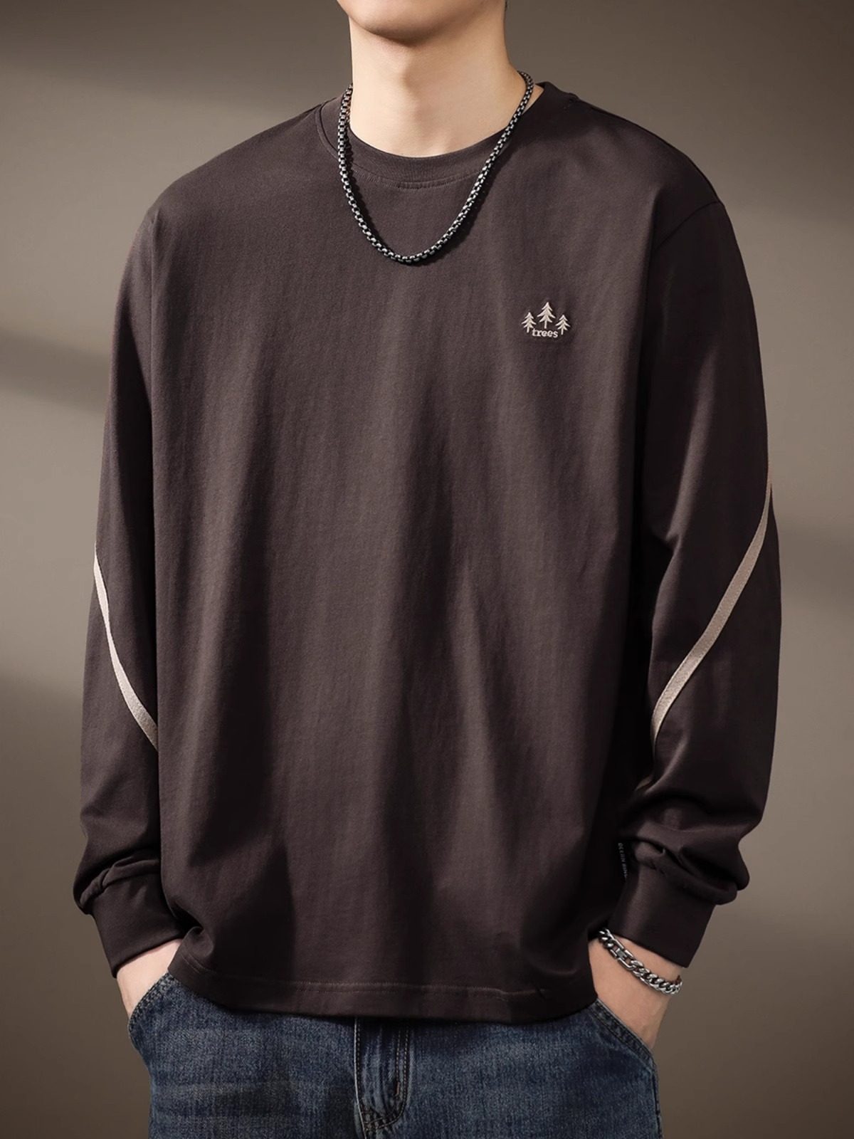 意大利潮牌美式覆古纯棉长袖t恤男春秋款宽松重磅内搭休闲打底衫