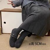 内增高5CM加绒勃肯玛丽珍鞋 一脚蹬灰色毛毛鞋 女秋冬季 保暖棉单鞋