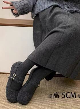 内增高5CM加绒勃肯玛丽珍鞋女秋冬季保暖棉单鞋一脚蹬灰色毛毛鞋