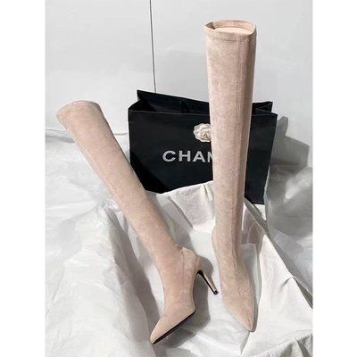 细跟尖头绒面过膝长靴女