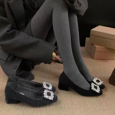 粗跟方头水钻方扣浅口单鞋女