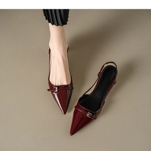 一字带细跟尖头后空单鞋 气质酒红色显瘦包头凉鞋 女2025年春夏新款