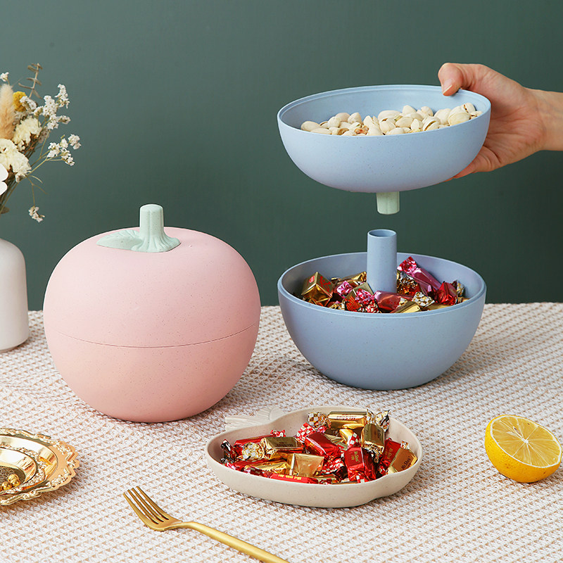 家用苹果形干果盘网红客厅双层水果零食可爱创意果盒春节年货果盘