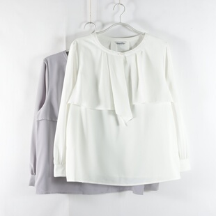 衬衫 日单新款 通勤百搭门襟一粒扣圆领套头宽松显瘦上衣女纯色长袖