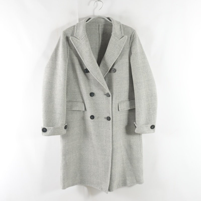 日单新款通勤百搭西装领双排扣直筒显瘦女格子长袖中长款毛呢外套