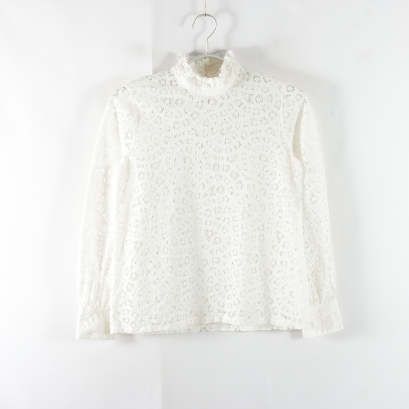 日单春季新款通勤后纽扣立领套头直筒显瘦上衣女纯色蕾丝长袖衬衫