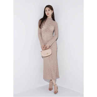 包臀连衣裙 显瘦露背长裙女纯色蕾丝长袖 日单新款 通勤立领套头修身