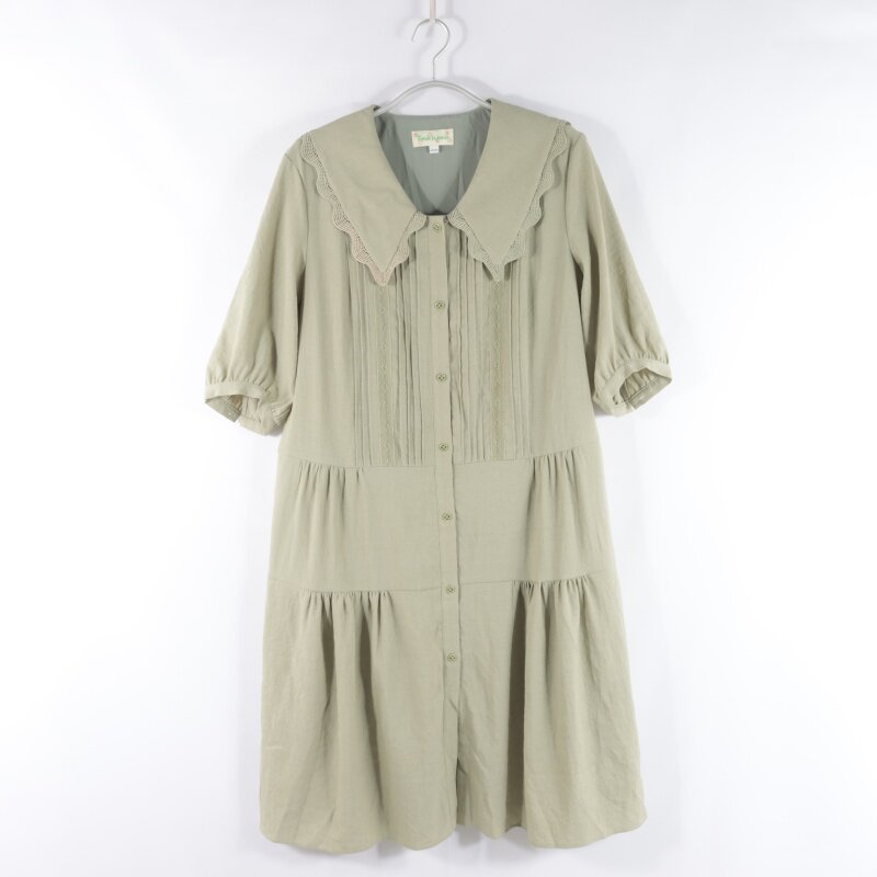 日单新款通勤百搭娃娃领单排扣显瘦中长裙女纯色时尚五分袖连衣裙