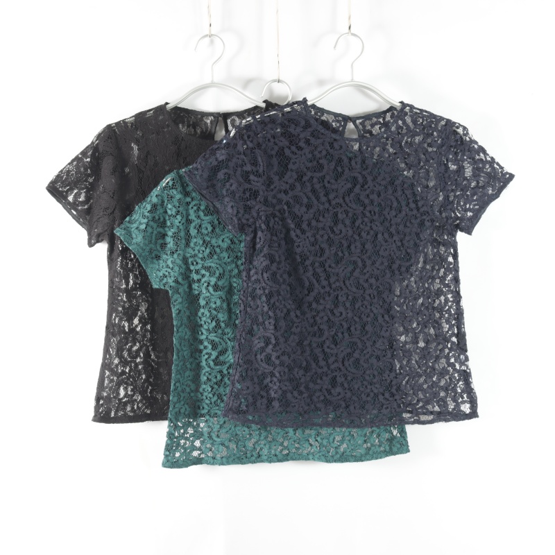 日单新款通勤百搭后纽扣圆领套头直筒显瘦上衣女纯色蕾丝短袖衬衫