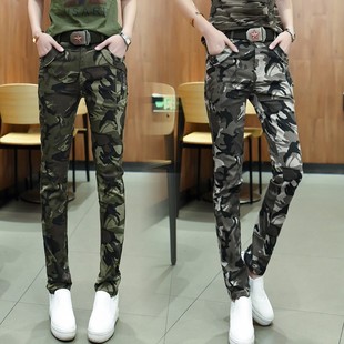 黑色女春季 多口袋显瘦长裤 新款 户外工装 百搭高腰休闲裤 迷彩直筒裤