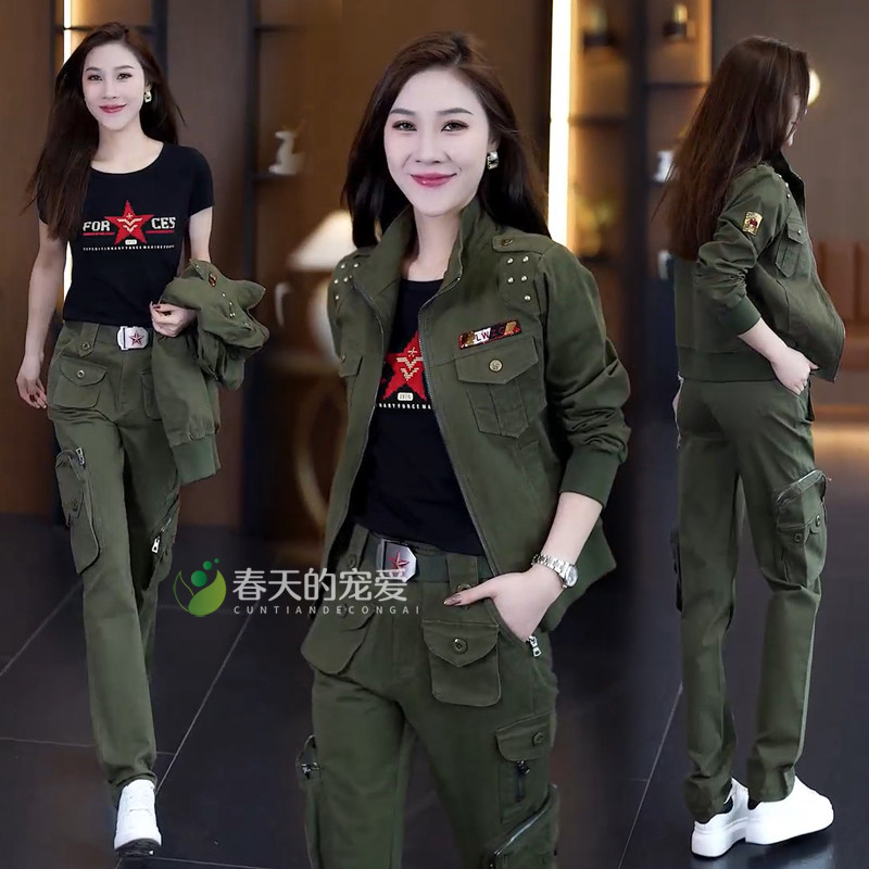 户外炸街迷彩服套装女春秋新款纯棉休闲运动多口袋工装裤一整套潮