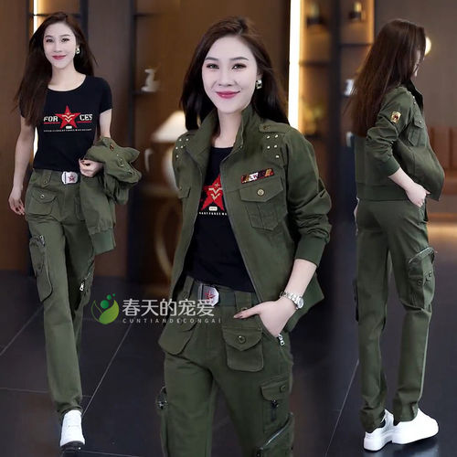 户外炸街迷彩服套装女春秋新款纯棉休闲运动多口袋工装裤一整套潮
