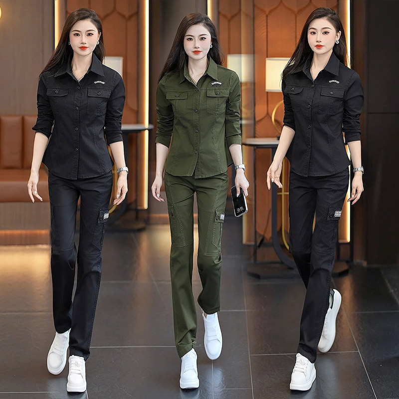 春秋军绿工装风衬衫裤两件套女款