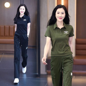 迷彩服女夏季短袖t恤新款套装显瘦半袖广场舞休闲工装长裤两件套