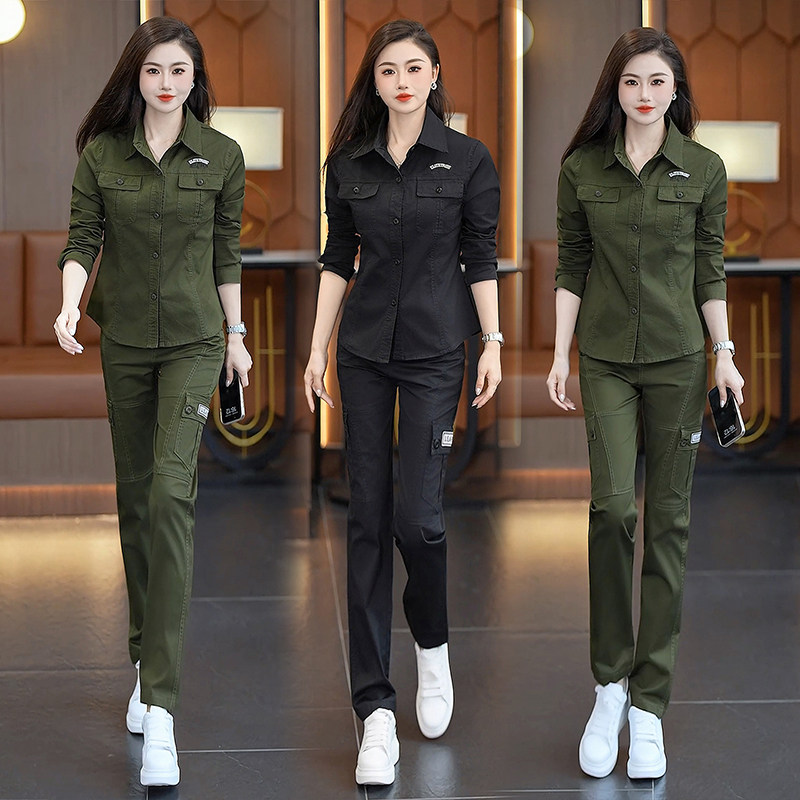 衬衫女2026年军绿色时尚气质休闲绣花春秋季长袖衬衣上衣套装工装