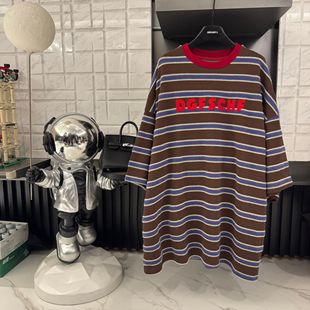 秋冬潮牌字母撞色条纹圆领短袖 女款 T恤CP643 红蓝&咖