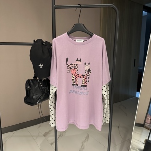 宽松猫咪图案假两件短袖 夏季 女款 T恤CP843 甜酷豹猫