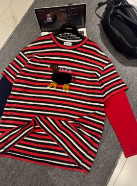 【神奇小马】女款潮牌秋新款小马条纹假两件撞色t恤CP676