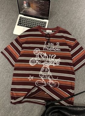 【米奇线条】春夏新款圆领短袖宽松米奇条纹印花T恤CP742