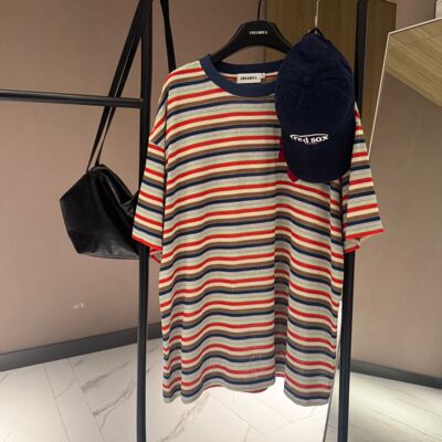 【夏日撞色】夏季女款宽松撞色条纹印花圆领短袖T恤CP972