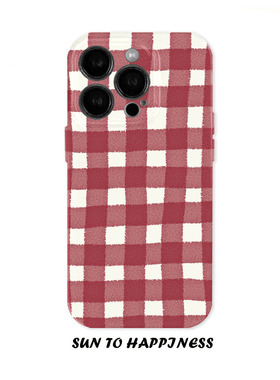 原创文艺复古红色格子适用苹果16PROMAX手机壳菲林iphone15plus软壳14少女萌系13可爱治愈格纹简约全包二合一