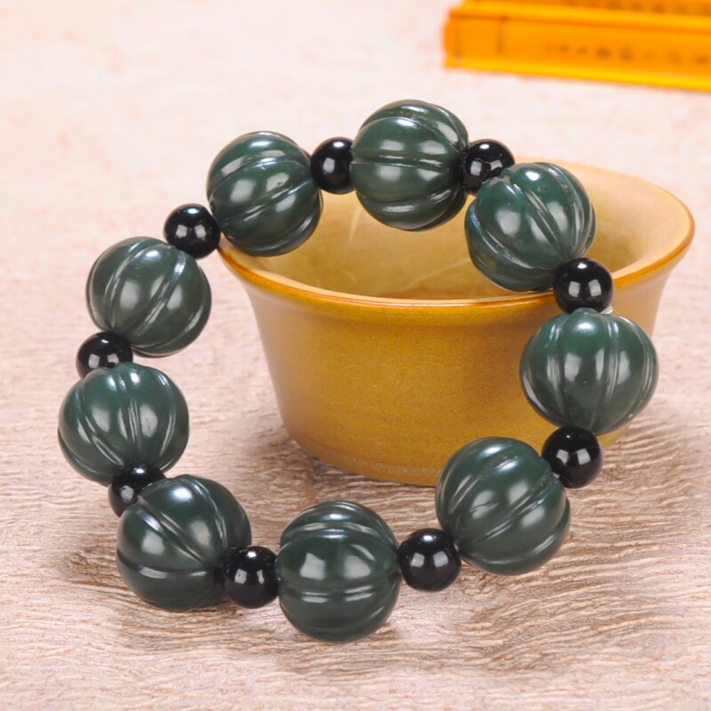 和田青玉手串男士手链玉手排南瓜珠转运珠手串玉石单圈福瓜手珠串