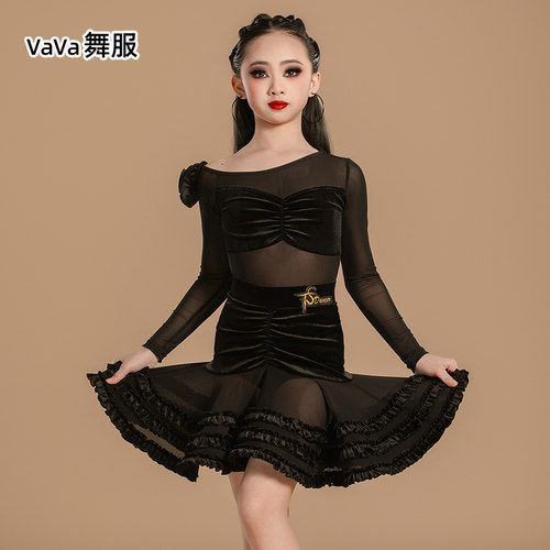 vava舞服拉丁舞套装女儿童半身裙黑色长袖上衣舞蹈服练功表演服