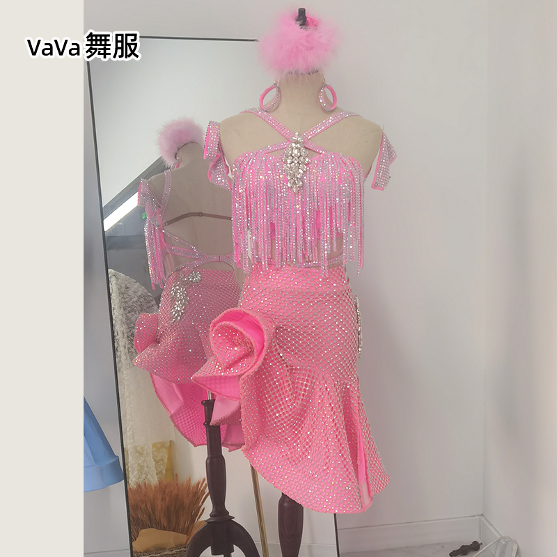 vavaI拉丁舞比赛服少儿花服12岁14岁专业艺考服吊带成人表演钻服