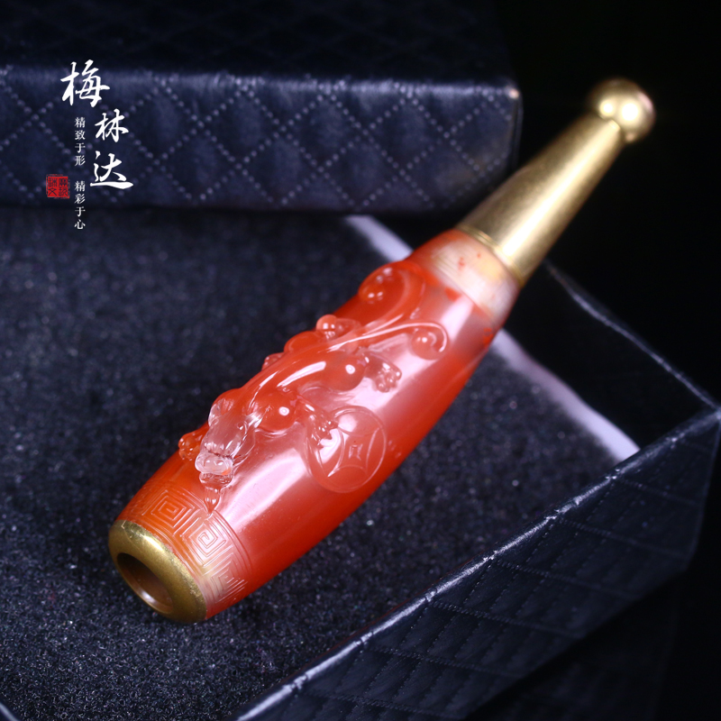 melinda/梅林达【容和】南红玛瑙俏色龙烟嘴镶嵌手把件玉石烟嘴男