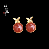 菀扬 Melinda 梅林达 天然南红玛瑙耳钉牛血红18K金镶嵌蛋面女