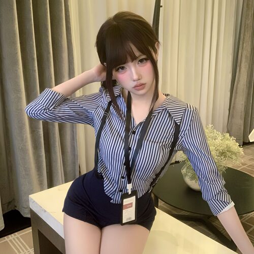 性感OL秘书套装内衣高腰背带短裤制服条纹衬衫套装胖老婆睡衣睡裙