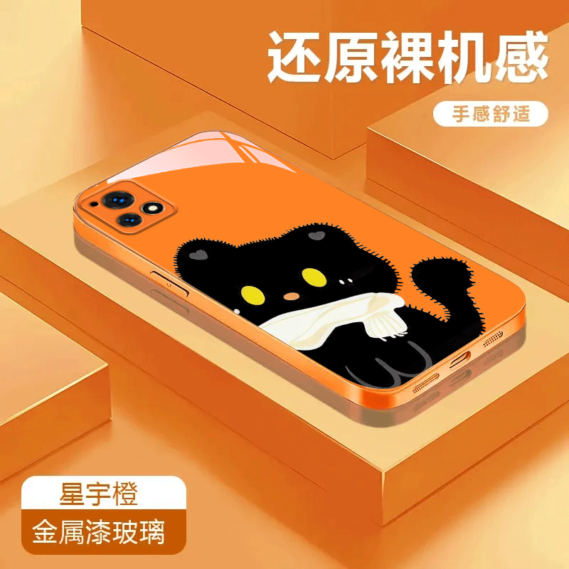 黑猫适用于vivoy52s金属漆玻璃壳可爱Y55s卡通Y53S手机壳潮流全包防摔彩绘保护套