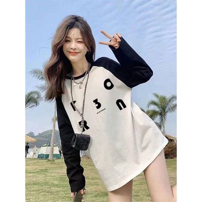 美式hiphop宽松t恤女小个子初秋插肩袖长袖体恤复古港风chic上衣