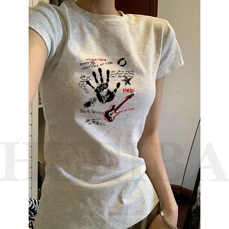 美式复古修身辣妹灰色正肩短袖t恤女款夏季纯棉甜酷百搭紧身上衣