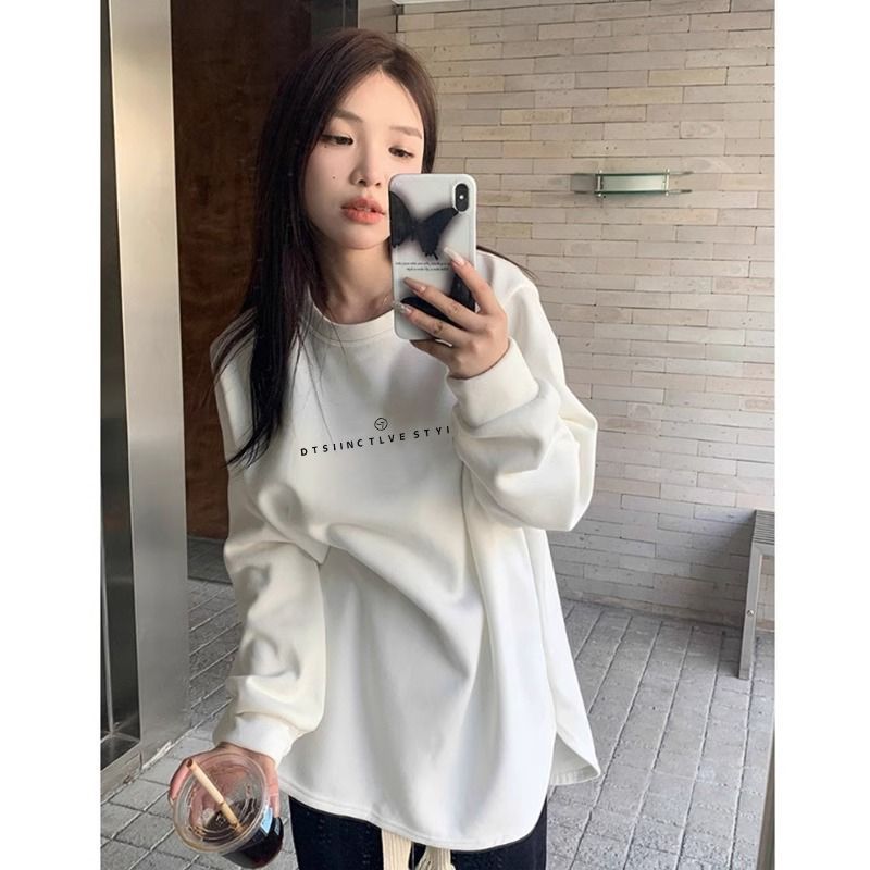加绒打底衫女秋冬季内搭加厚保暖德绒宽松中长款白色长袖t恤上衣