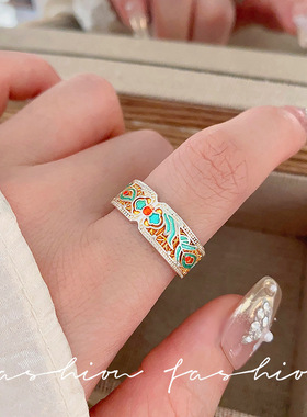 复古油画滴油珐琅戒指女国风轻奢彩鸢尾花宽版指环开口设计感戒子